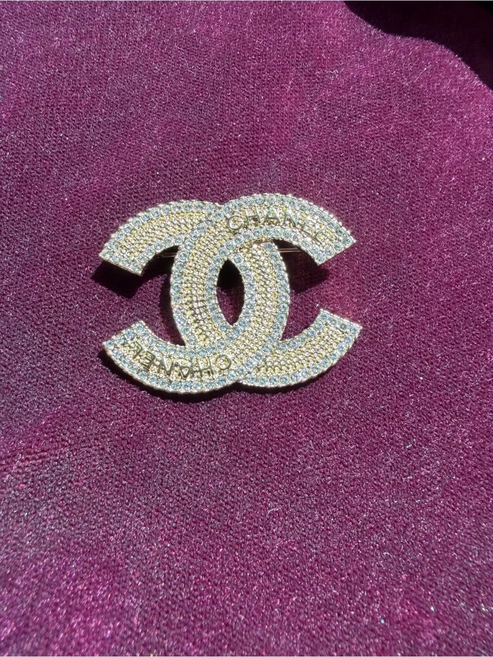 CHANEL Gold Crystal Double C Brooch